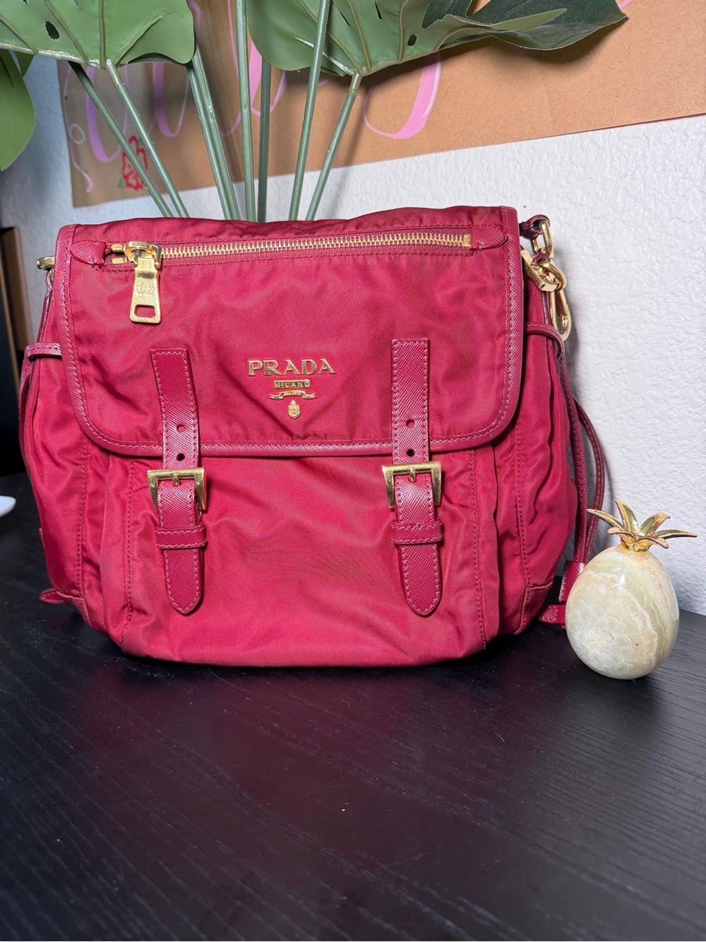 Prada Raspberry Red Nylon Crossbody Messenger with Gold Hardware